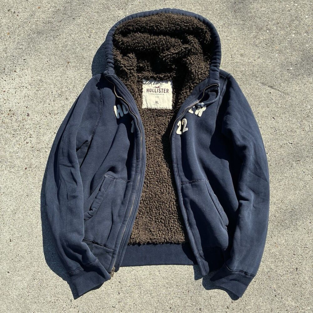 VTG Hollister Hoodie Men's XL Navy Blue Sherpa Lined Full Zip Sweatshirt Y2K